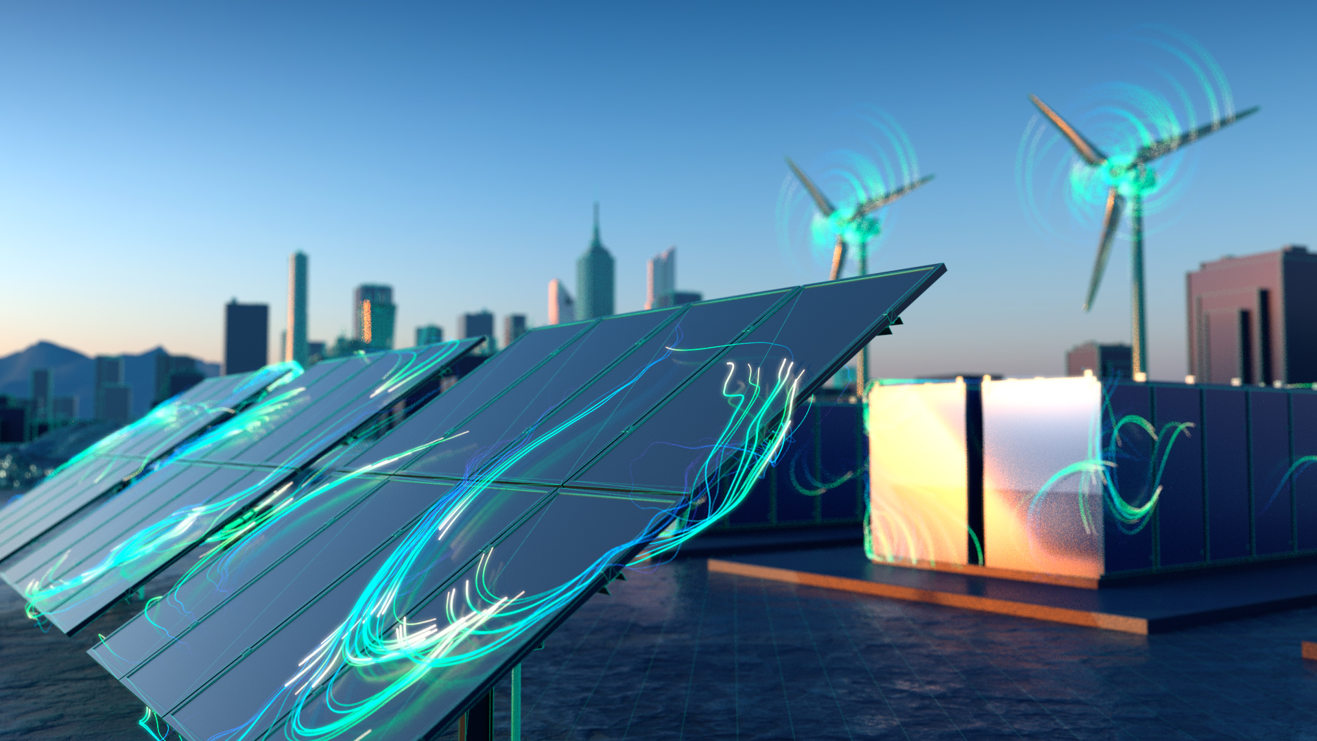 Solar panels and wind turbines with city in background