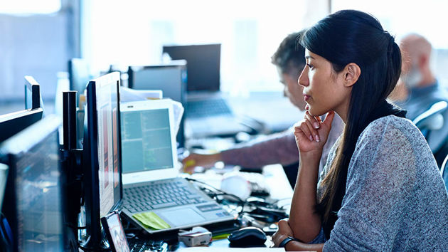 Woman Reviewing Data In Office 