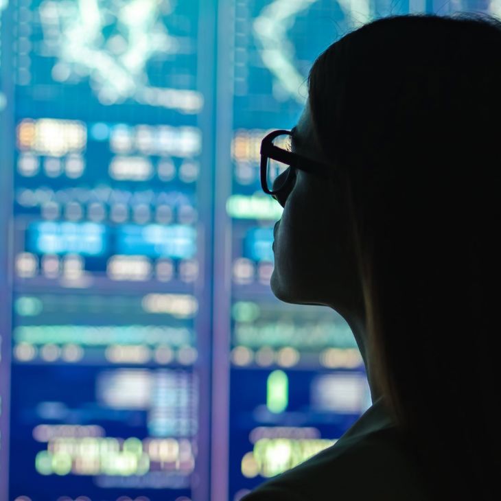 Woman Backlit Looking At Data On A Wall 