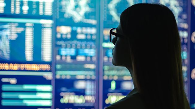Woman Backlit Looking At Data On A Wall 