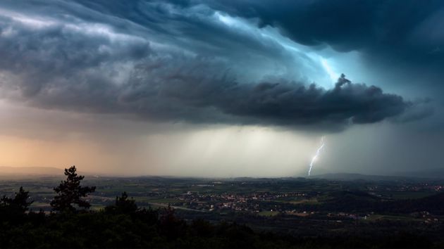 Thunderstorm Lightning Strike Town In A Valley 