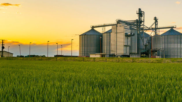 Sunset Over Farmland With Grain Silos 