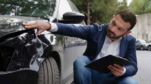 Man Kneeling Next To Broken Fender 
