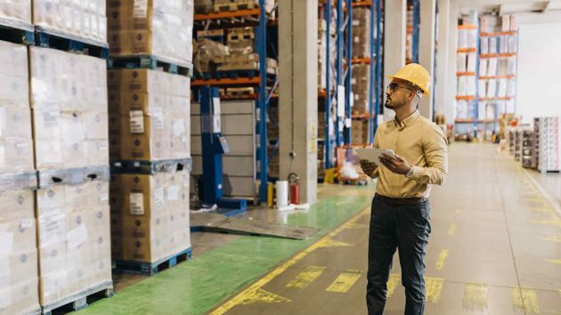 Man In Safety Helmet Looking At Loaded Pallets 