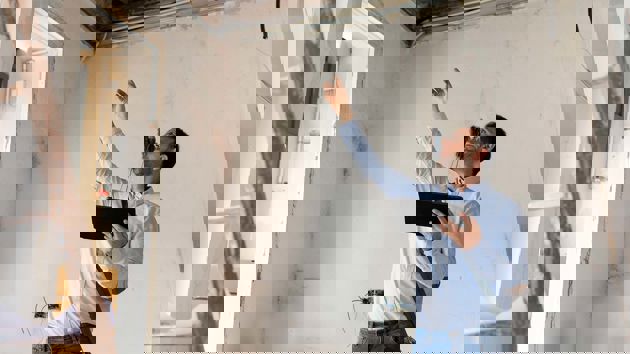 Man Pointing To Ceiling Repairs With Tablet In Hand 