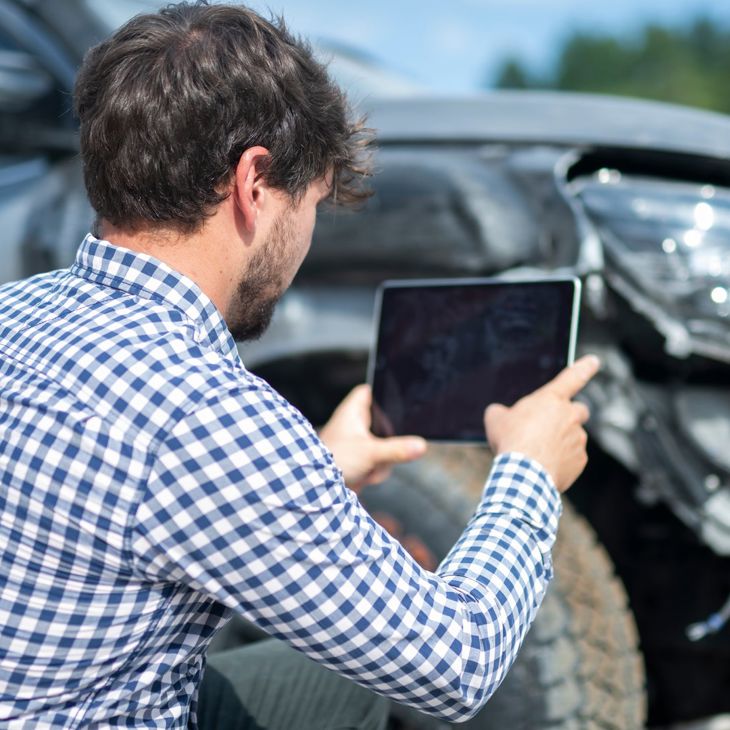 Man Taking Photo Of Car Damage With Tablet 