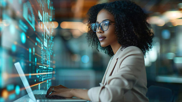 Woman View Data On Large Screen 