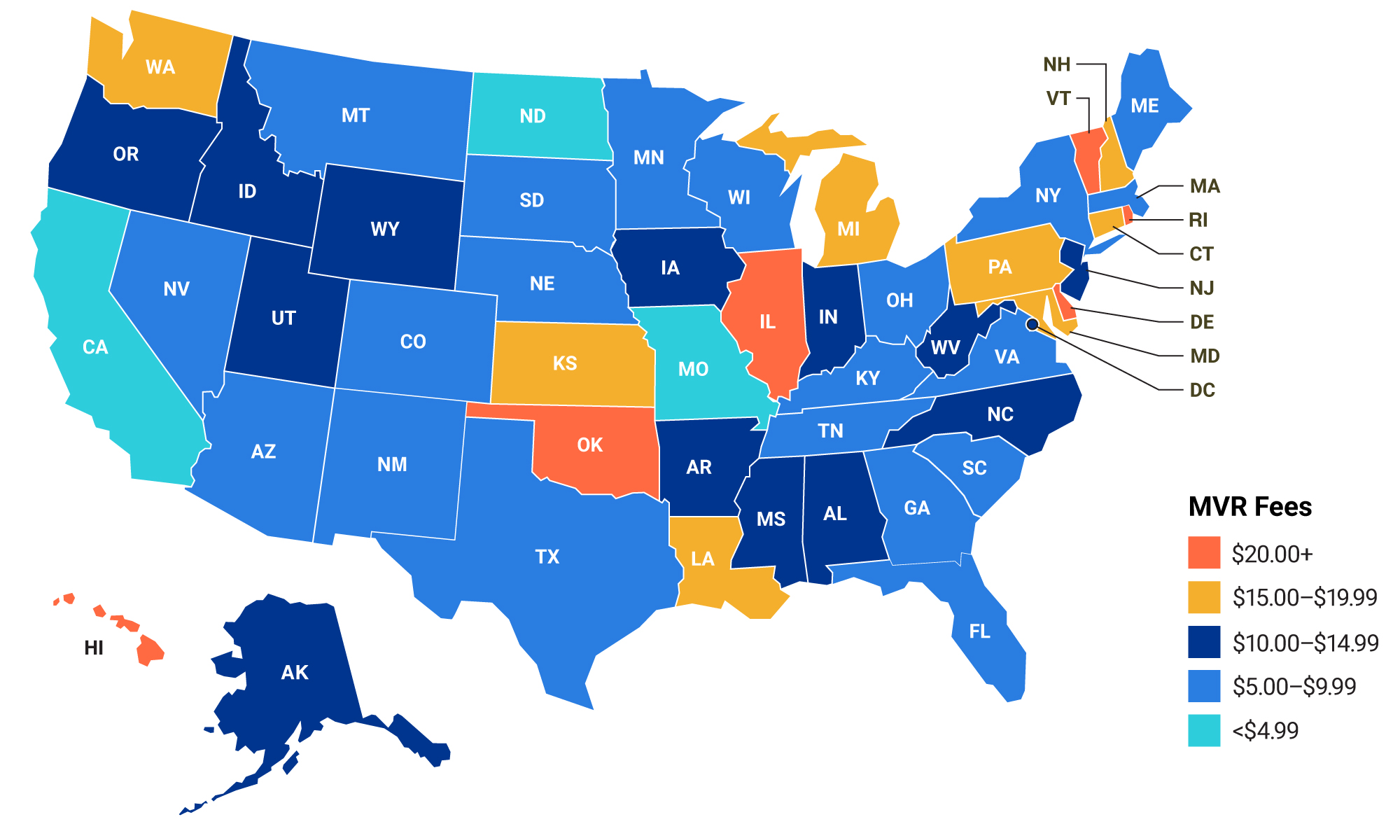 14StatesNowCharge15DollarsOrMoreforMVRsStateMVRFeesMap